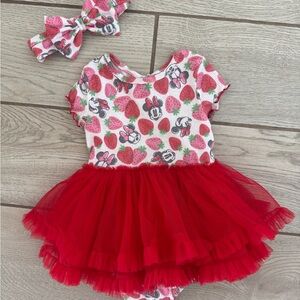 Disney Baby Minnie Mouse Strawberry Red Tulle Baby Dress Onesie w/ Matching Bow